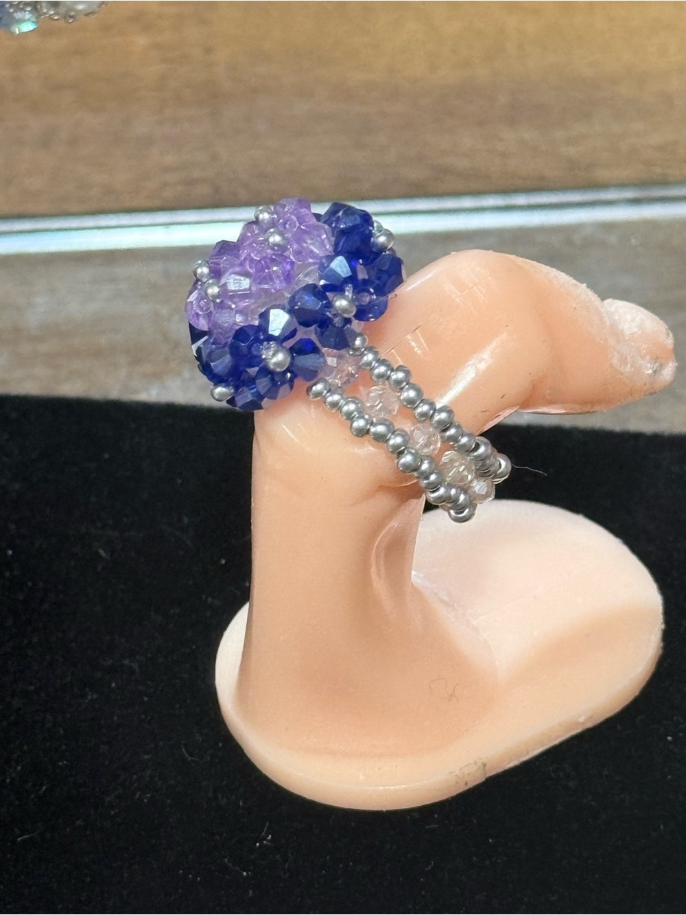 Handmade Purple Beaded Flower Ring - Picture 3 of 3
